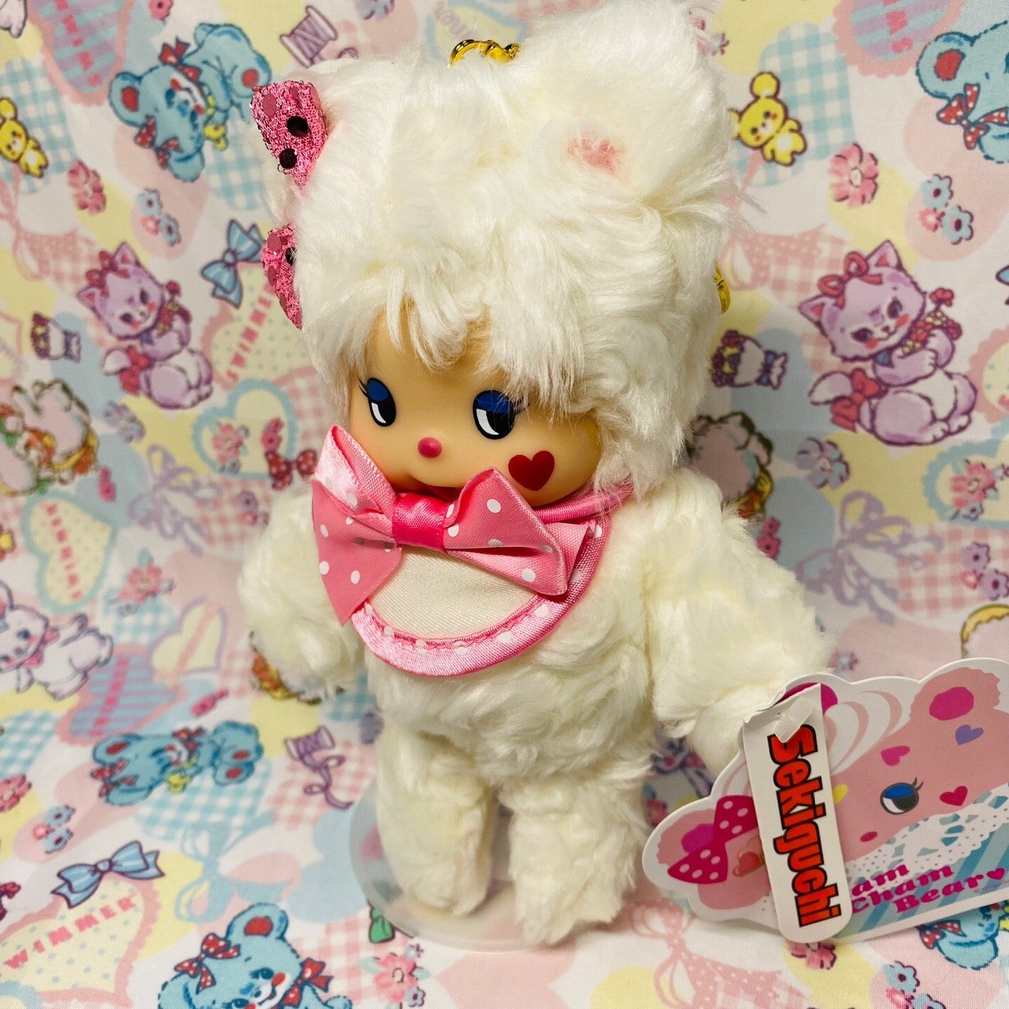 monchhichi S size Cham Cham Bear White plush doll Sekiguchi Rare unused