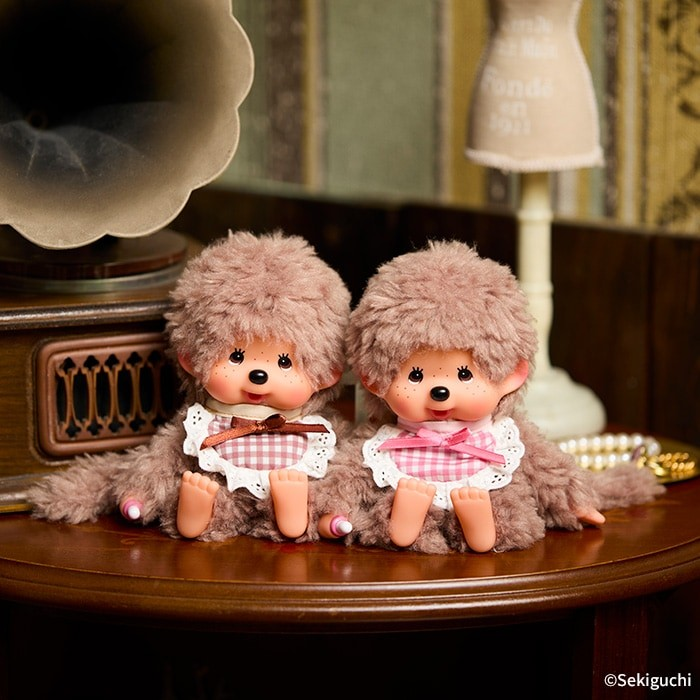 Monchhichi S size Fluffy Sweet Brown Pink bib plush monkey doll New